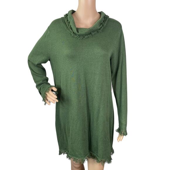 Leo & Nicole NWT Cowl Mock Neck Green Sequoia Fringe Trim Tunic Sweater SZ 1X - Picture 1 of 12